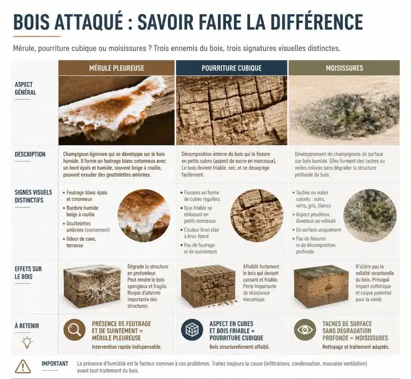 Infographie comparative des signes visuels de champignons lignivores : mérule, pourriture cubique et moisissures sur bois.