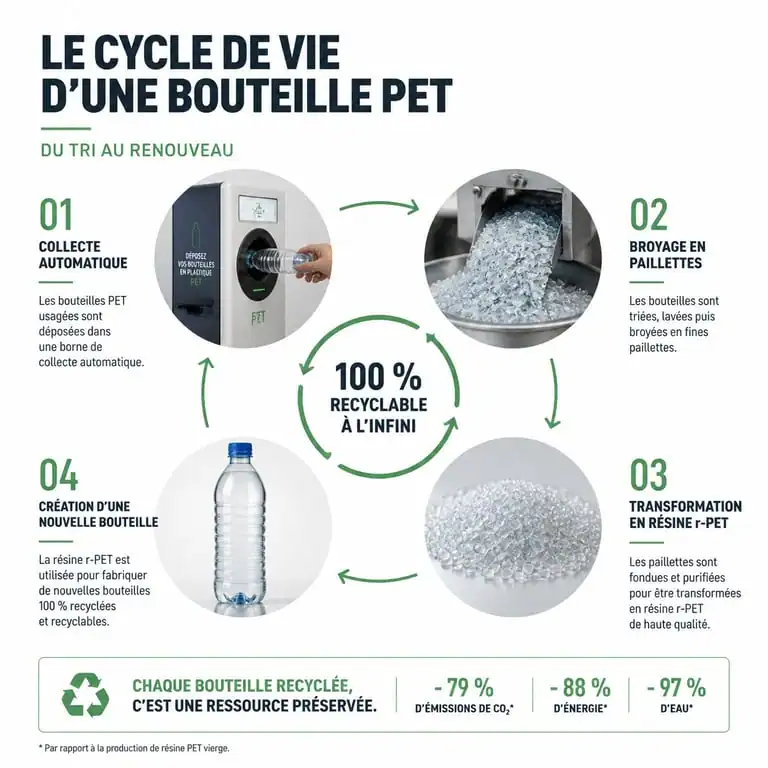 Infographie du cycle de recyclage des bouteilles plastique PET