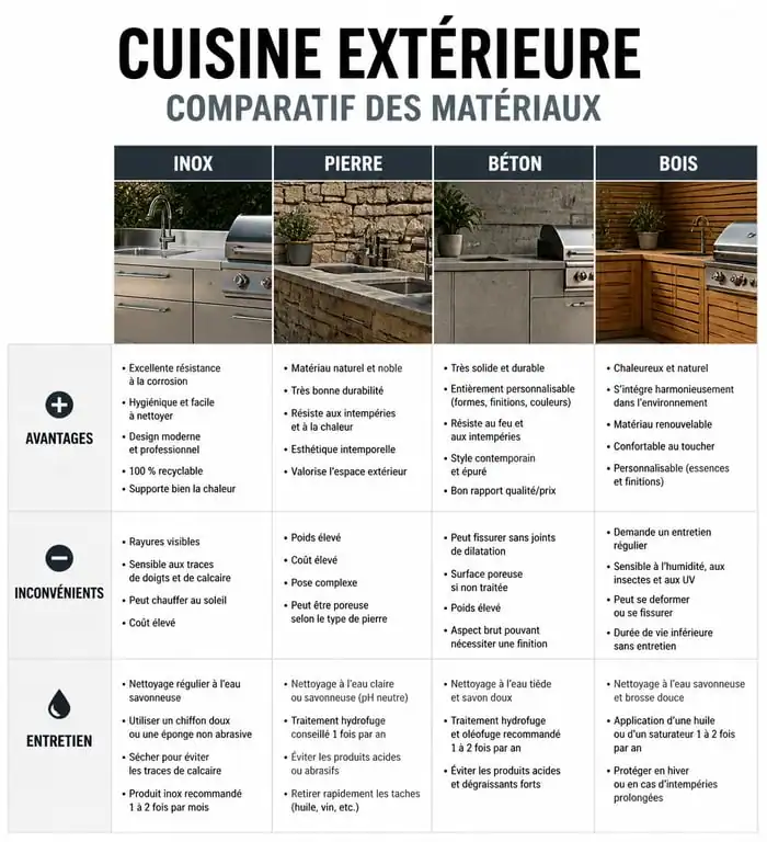 Comparatif des matériaux pour cuisine extérieure : inox, pierre, béton et bois
