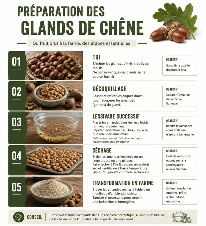 Infographie des étapes de préparation des glands de chêne pour la consommation