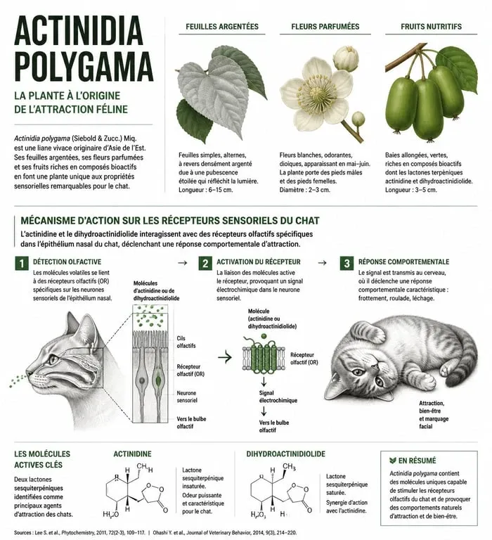 Infographie explicative sur la plante Actinidia polygama et ses effets sur les chats