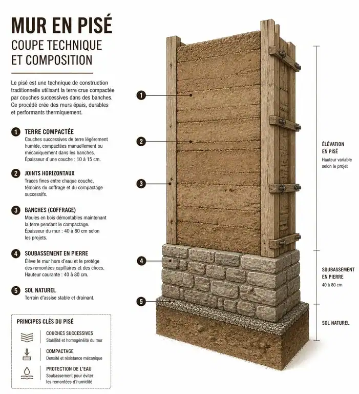 Schéma technique de la structure d'un mur en pisé avec soubassement et banches
