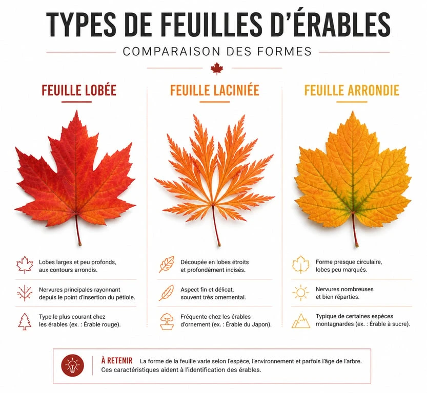 Comparaison visuelle des formes et couleurs de feuillage d'érable