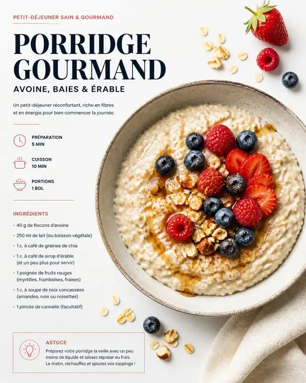 Recette de porridge maison garni de fruits et noix