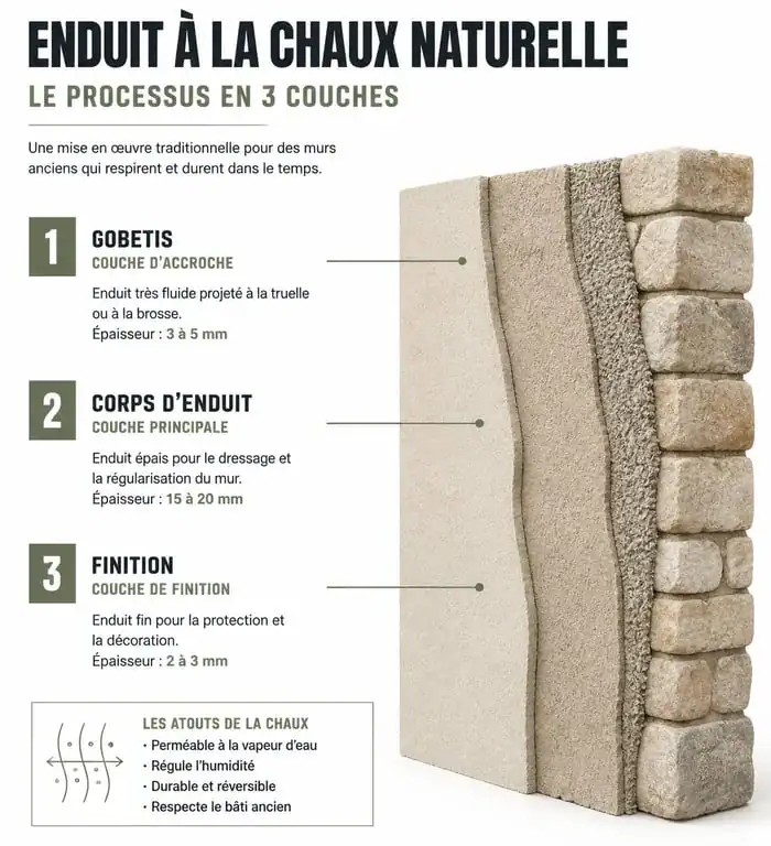 Schéma des trois couches d'application d'un enduit patrimoine : gobetis, corps d'enduit et finition