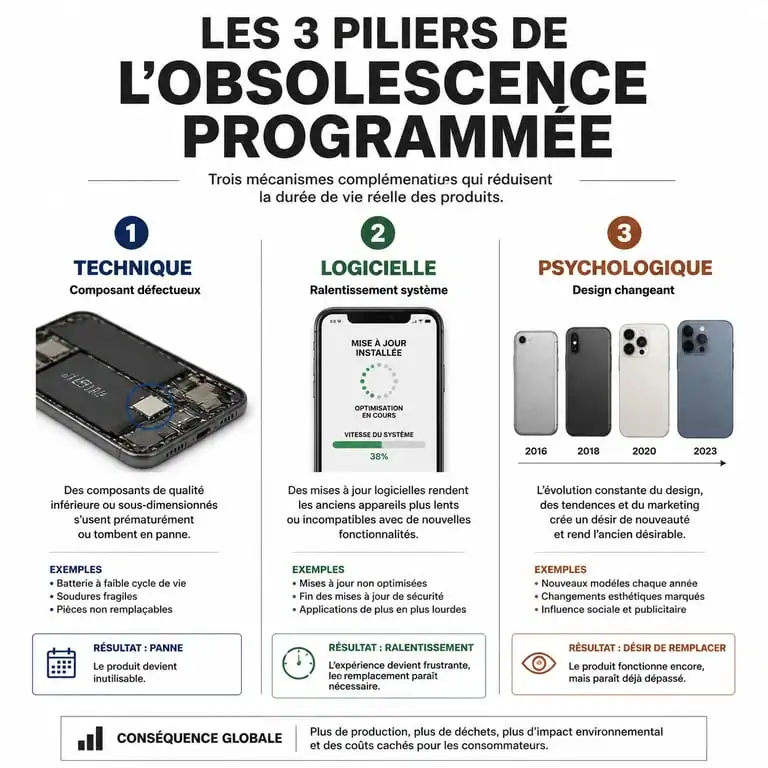 Infographie sur les mécanismes de l'obsolescence programmée : technique, logicielle et psychologique.