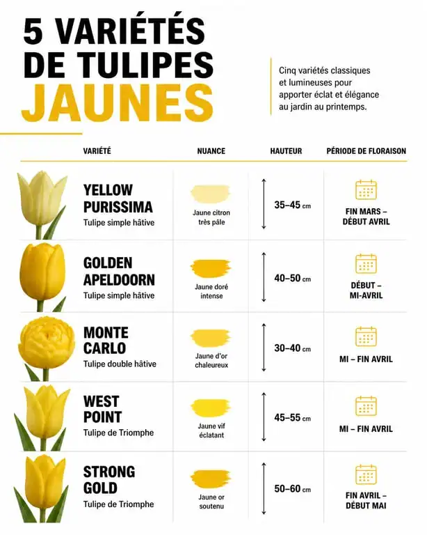 Infographie comparative des variétés de tulipes jaunes pour le jardin et les bouquets