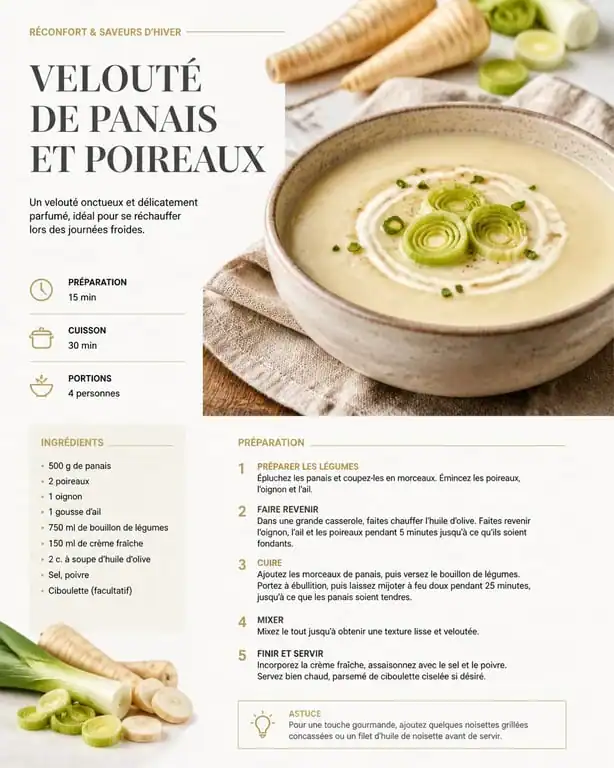 Velouté réconfortant de panais et poireaux, légumes de saison de janvier
