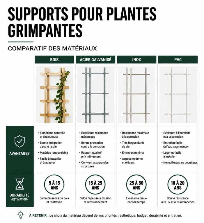 Comparatif des matériaux pour support plante grimpante : bois, acier, inox et PVC