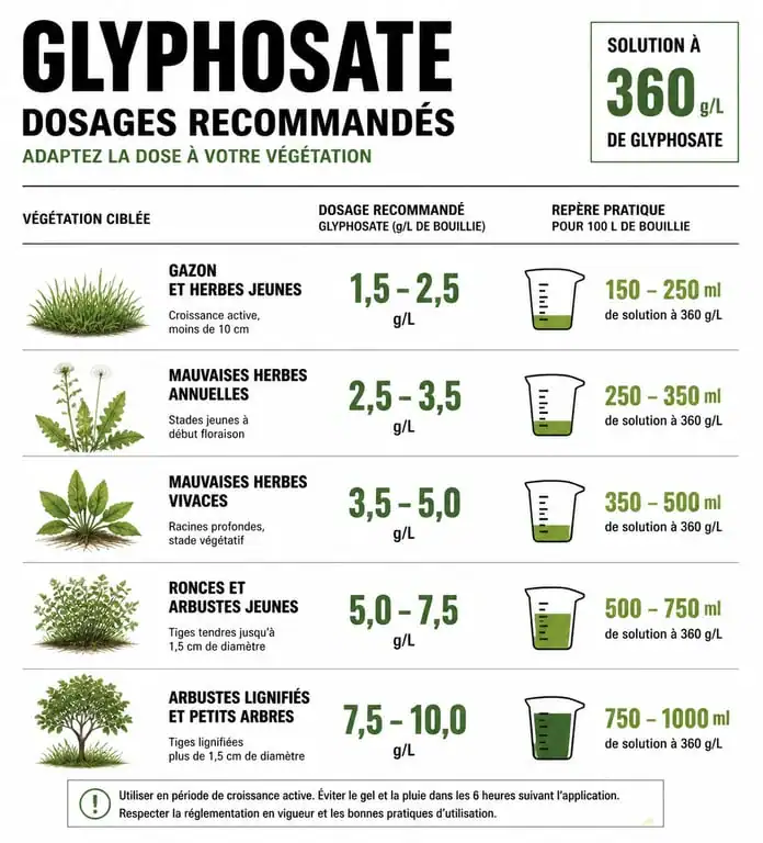 Tableau récapitulatif des dosages de Roundup selon le type de végétation