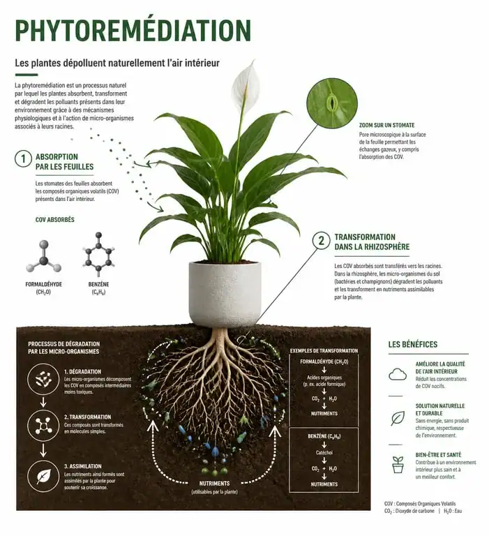 Infographie expliquant le fonctionnement des plantes d'intérieur dépolluantes et la phytoremédiation