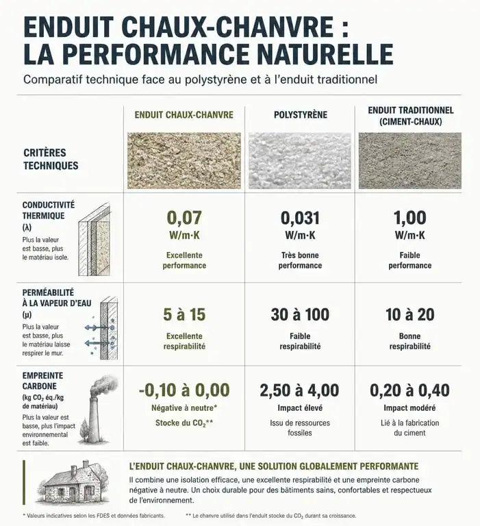 Comparatif des performances techniques de l'enduit chaux-chanvre extérieur pour l'isolation thermique