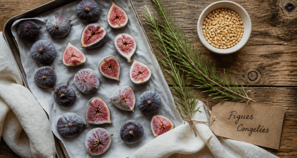 figues congelées alignées sur plaque avec pignons