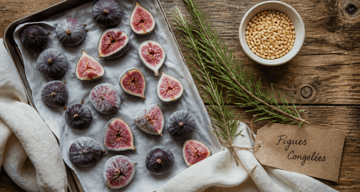 figues congelées alignées sur plaque avec pignons
