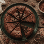 Gateau cacao moelleux découpé sur table