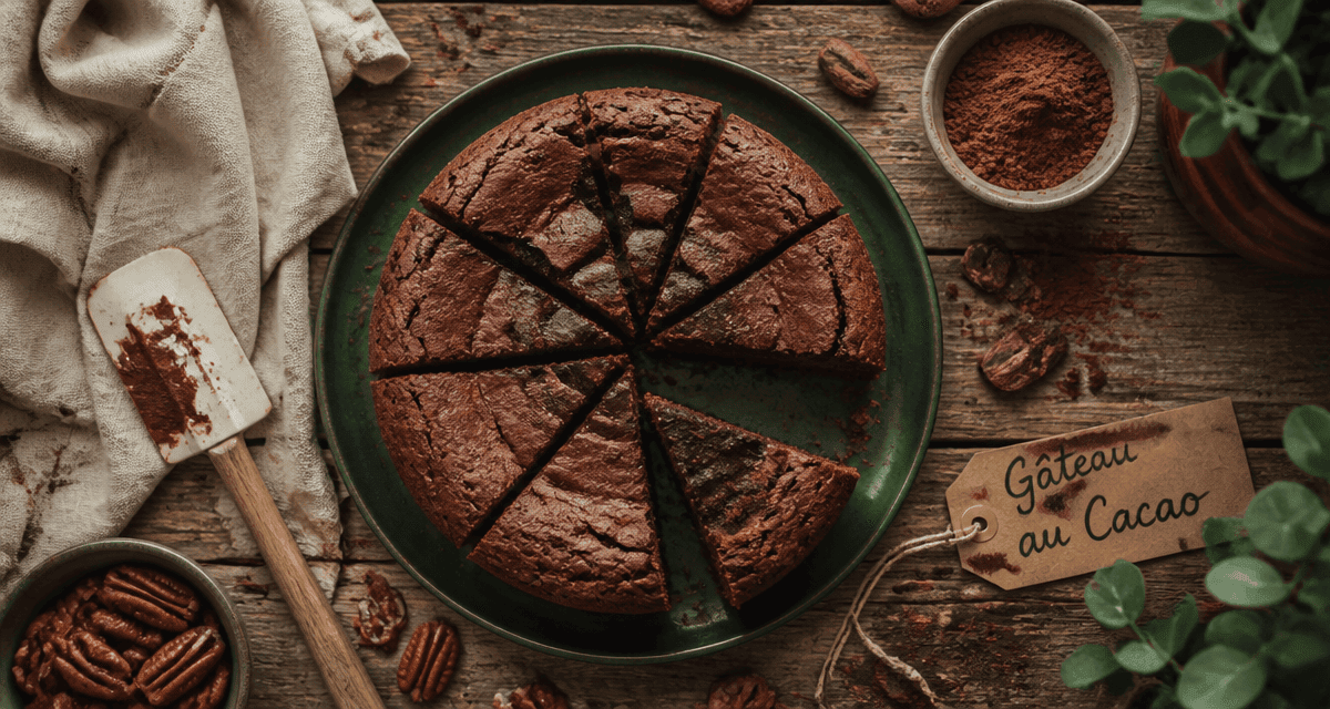 Gateau cacao moelleux découpé sur table