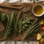 herbes de provence fraîches et séchées sur planche en bois