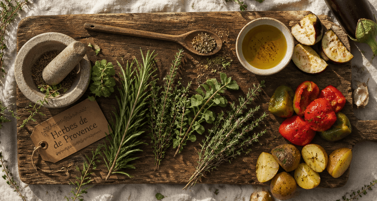 herbes de provence fraîches et séchées sur planche en bois