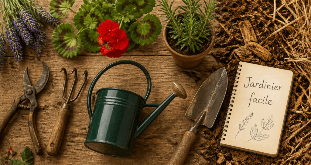 jardinier facile outils et plantes sur plan de travail
