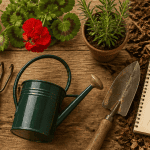 jardinier facile outils et plantes sur plan de travail