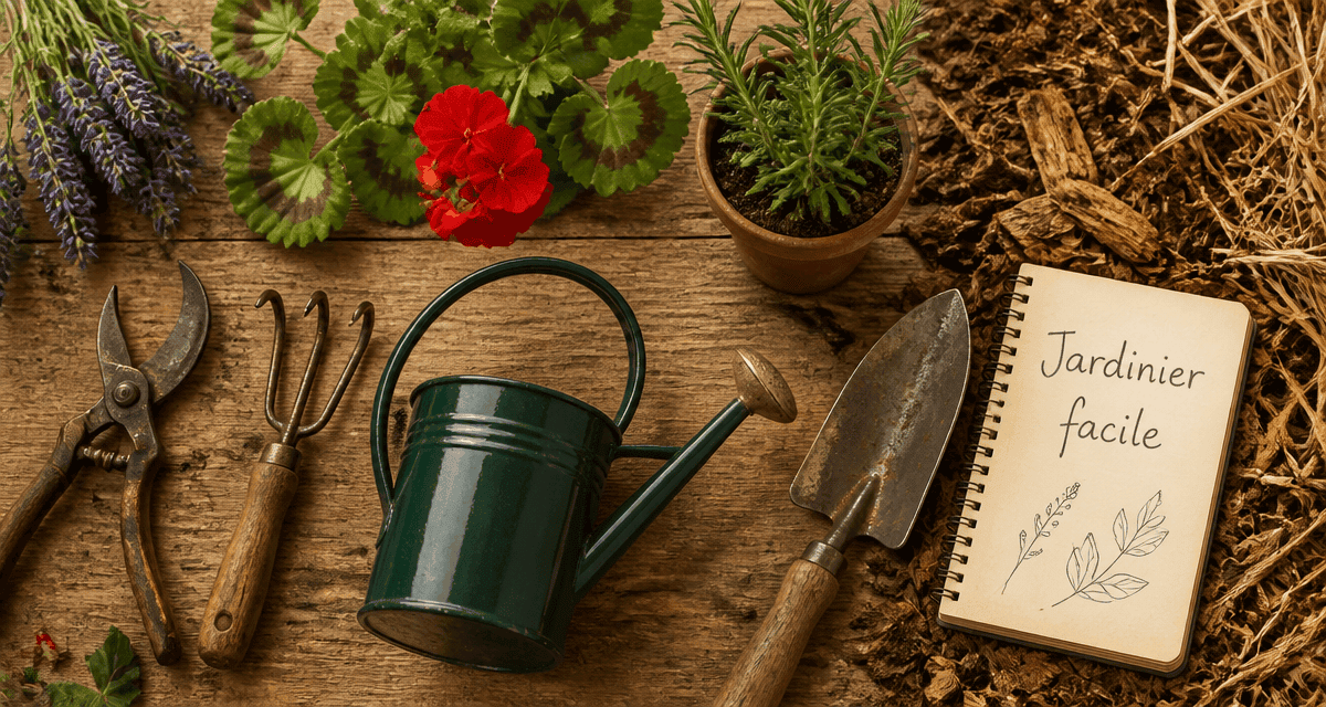 jardinier facile outils et plantes sur plan de travail