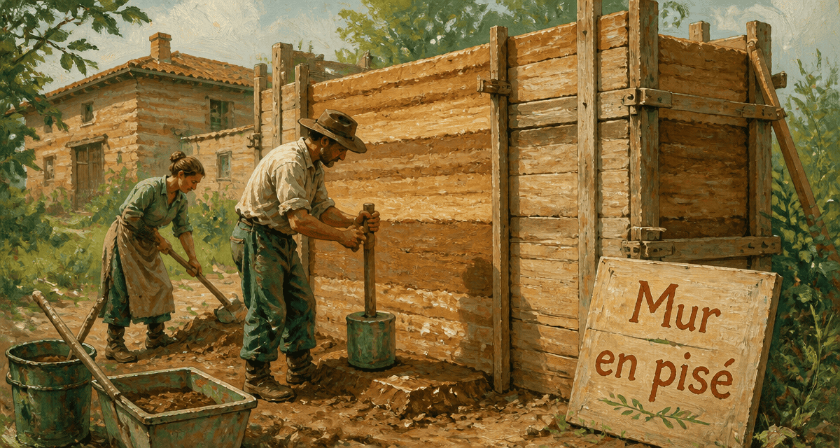 mur en pisé artisanal en chantier