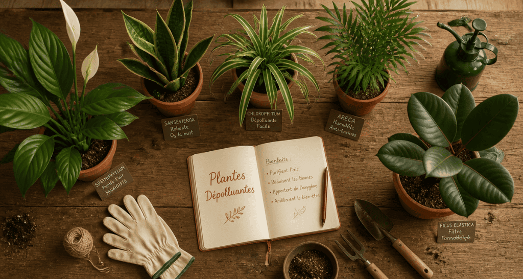 plantes d'intérieur dépolluante en pots sur table