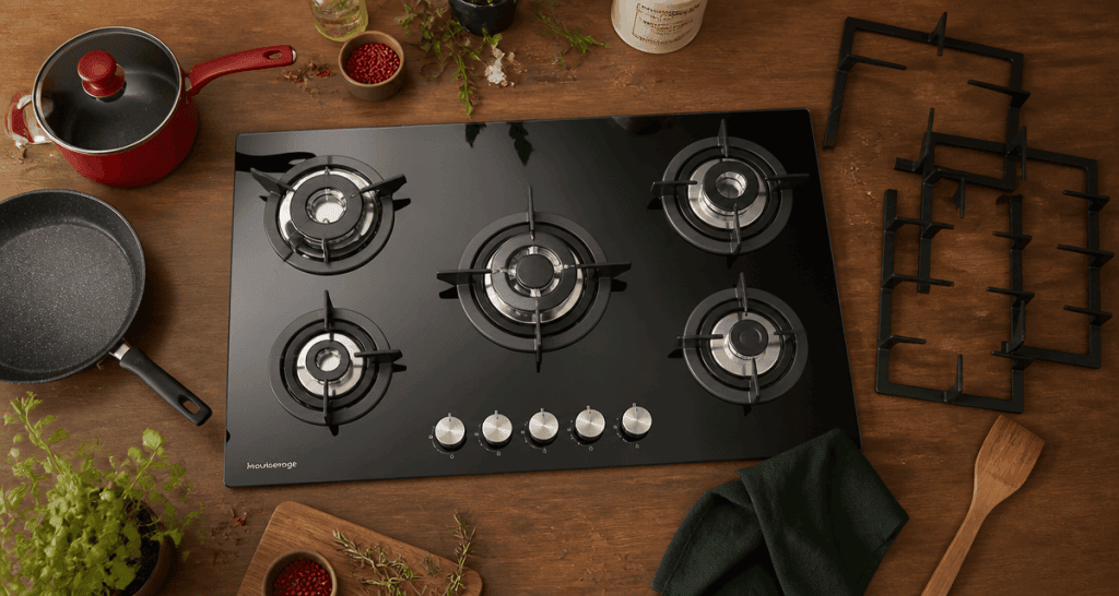plaque de cuisson gaz 5 feux facile à nettoyer vue dessus