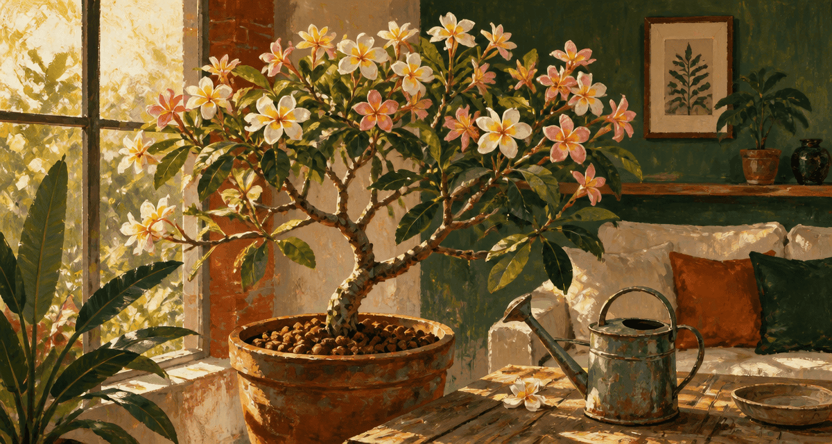 plumeria en pot fleuri dans salon lumineux