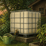récupérateur d'eau 1000l dans un jardin