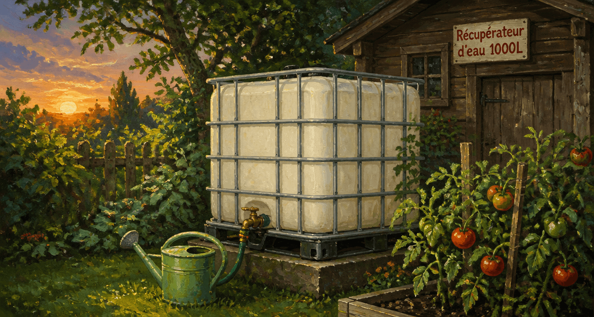récupérateur d'eau 1000l dans un jardin