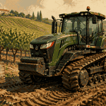 Tracteur à chenille moderne dans un vignoble vallonné