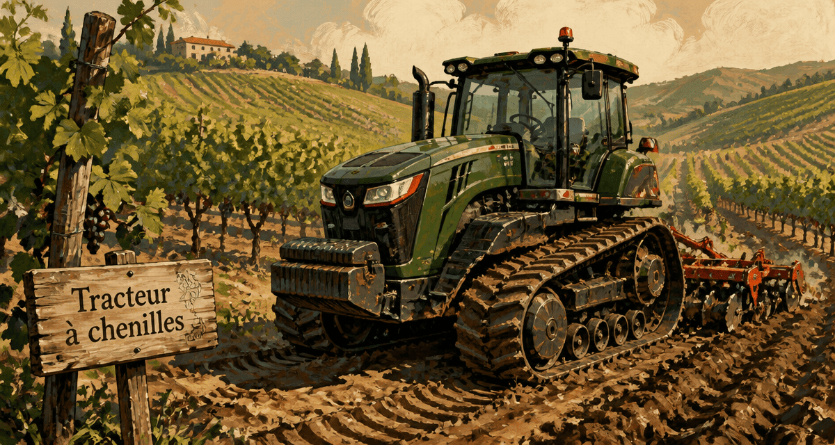 Tracteur à chenille moderne dans un vignoble vallonné