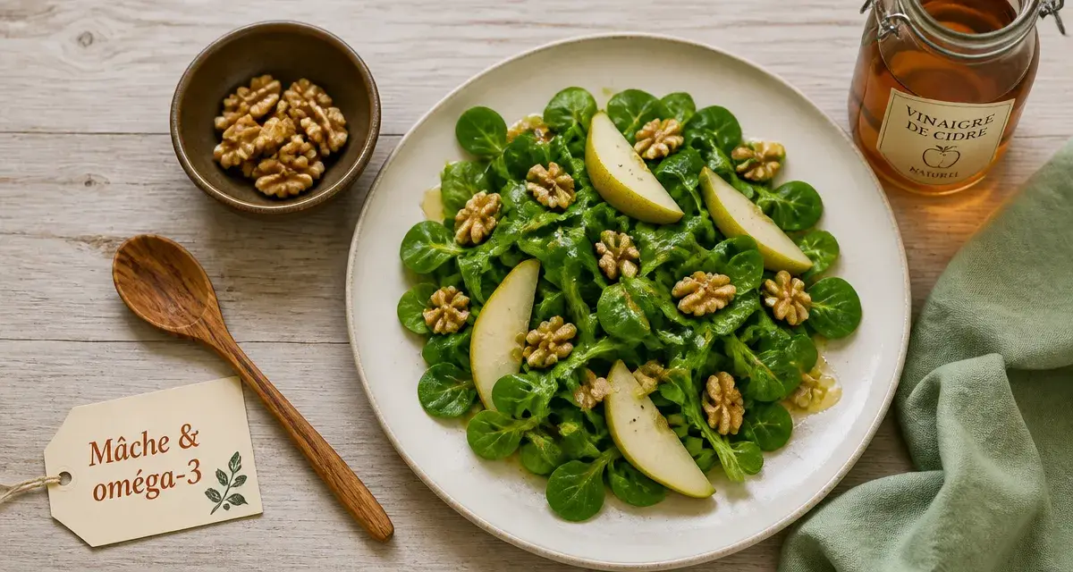 Bienfait de la mache : assiette 16 kcal, oméga-3, noix et poire