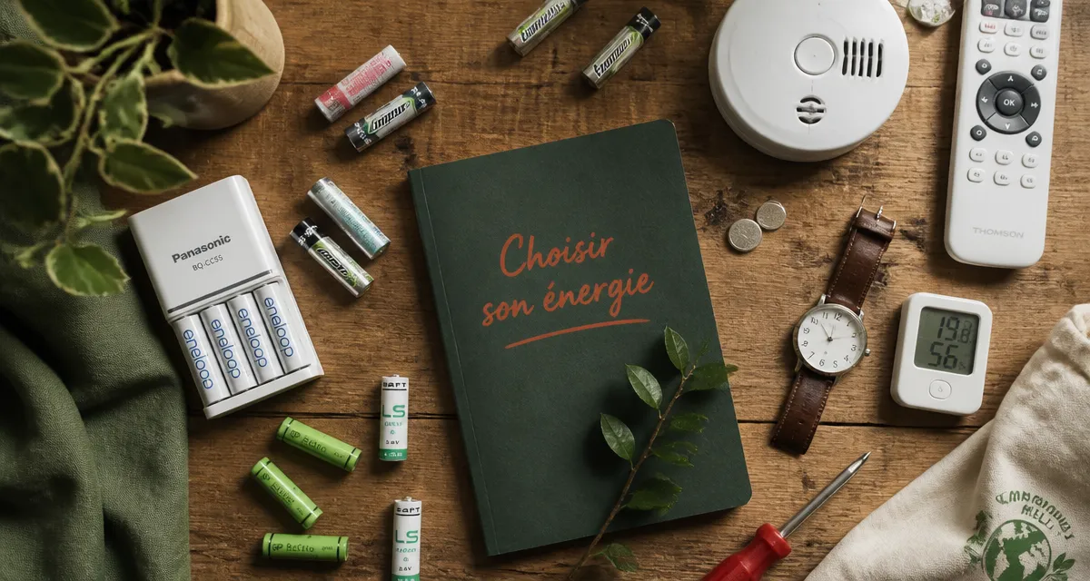 piles batteries rechargeables sur table avec chargeur et appareils