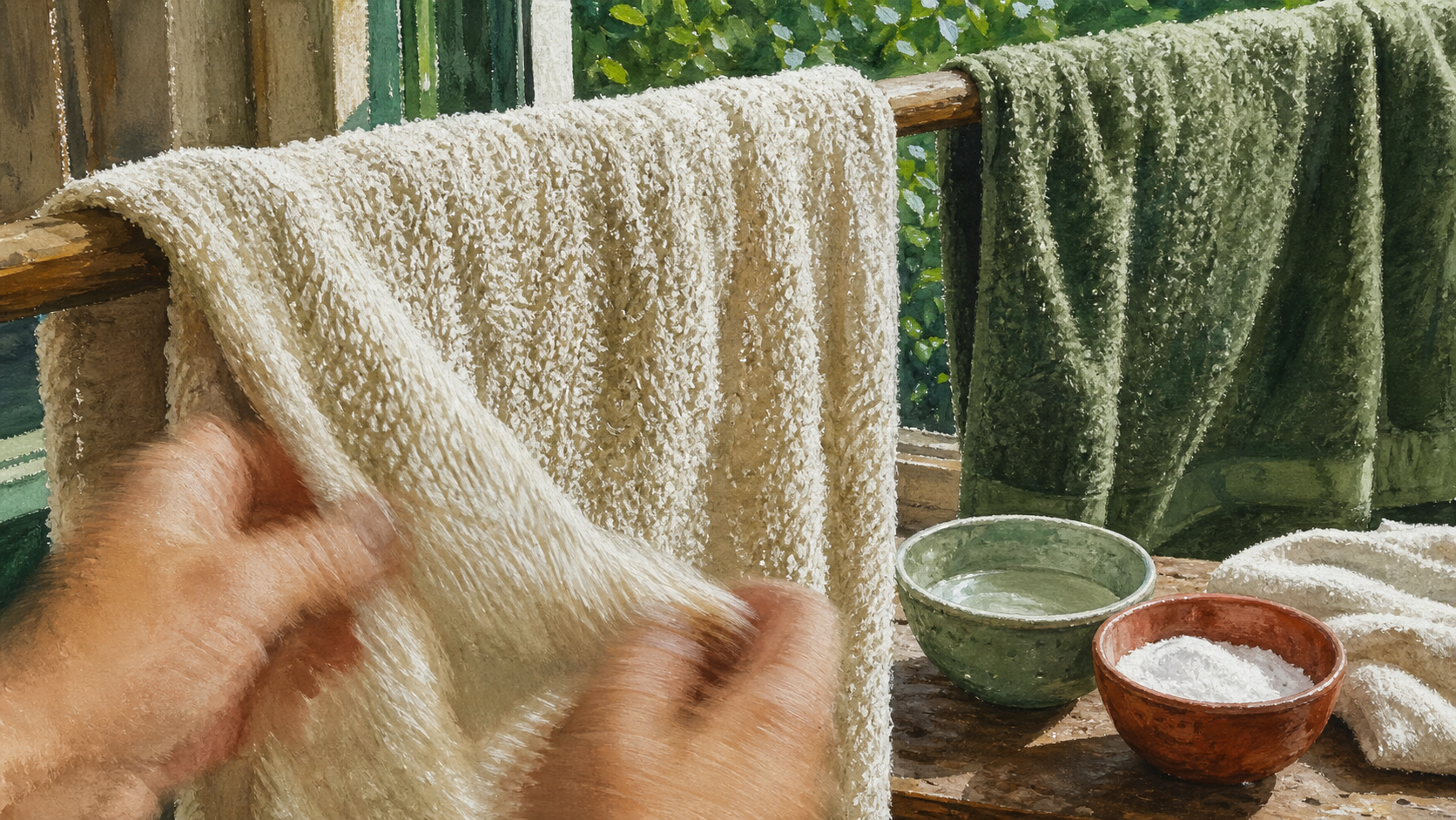 Comment avoir des serviettes de toilette moelleuse sans sèche-linge : serviette éponge humidifiée, vinaigre et bicarbonate pour retrouver du moelleux