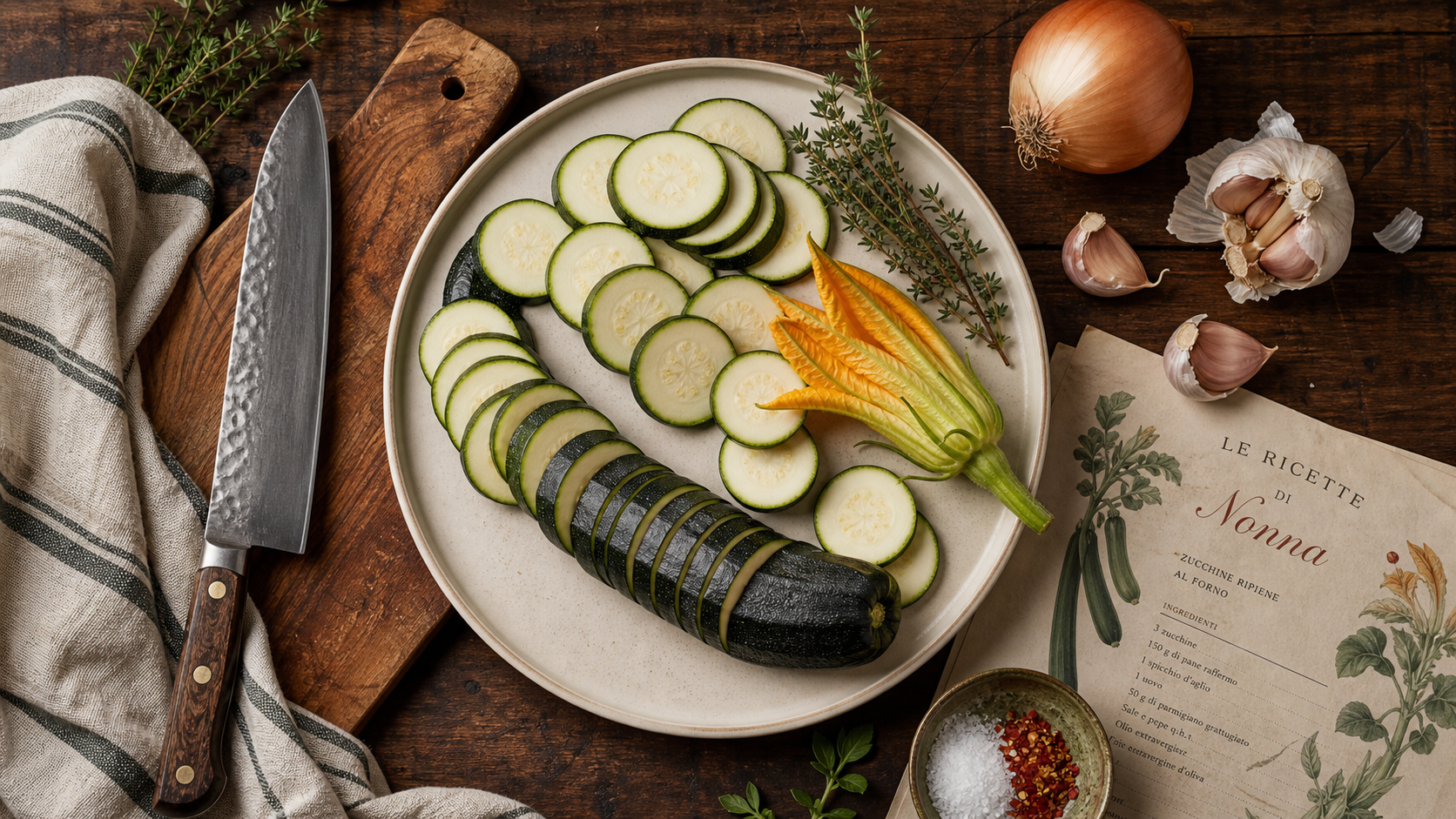 Courgettes saison sur fond bois, planche, couteau