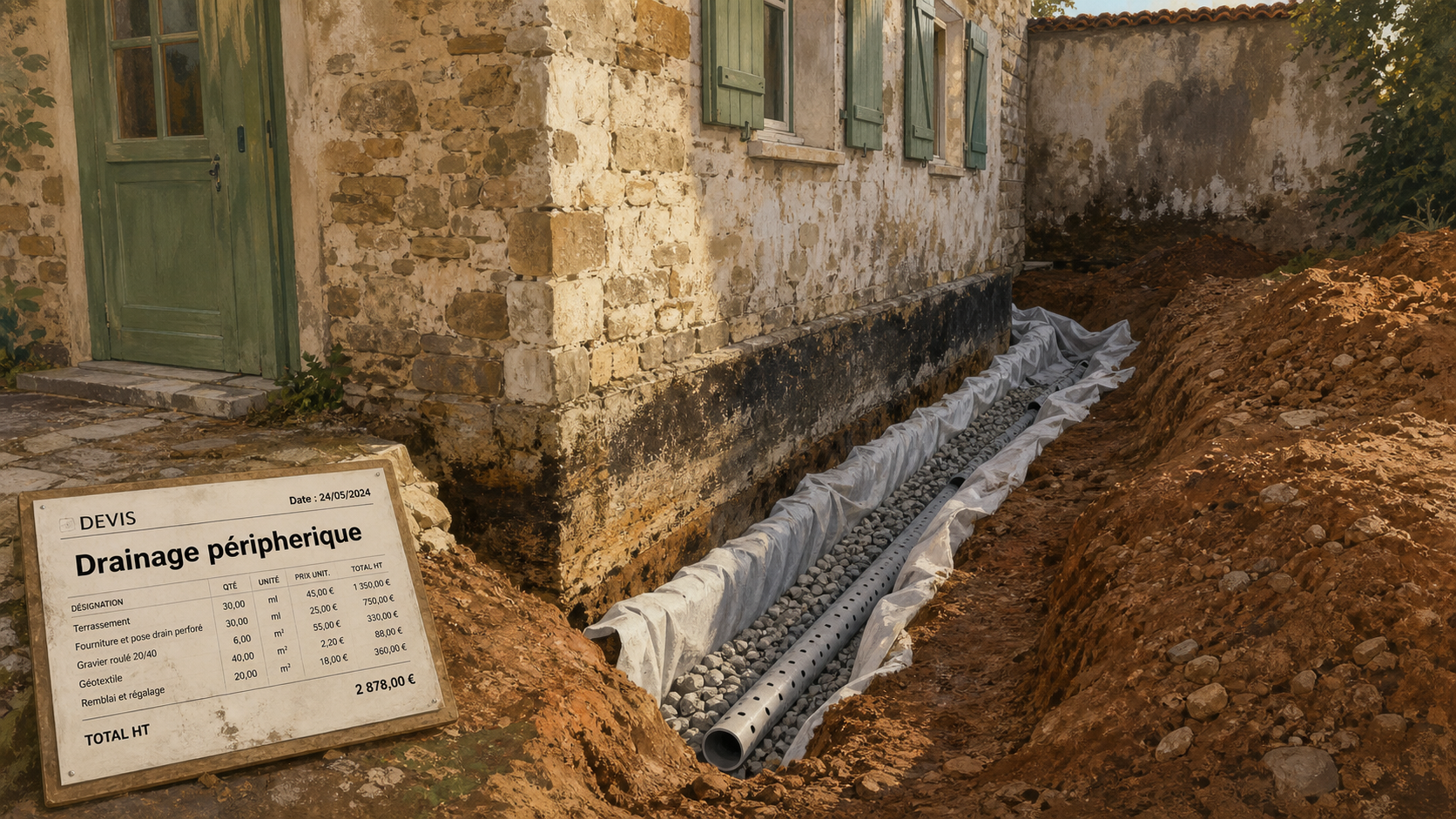 Drainage d’une maison ancienne : drain périphérique et tranchée