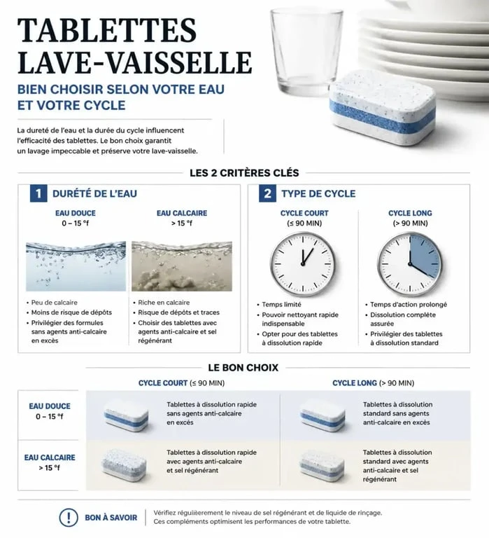 Infographie sur le choix de la meilleure tablette lave-vaisselle selon la dureté de l'eau et le cycle de lavage