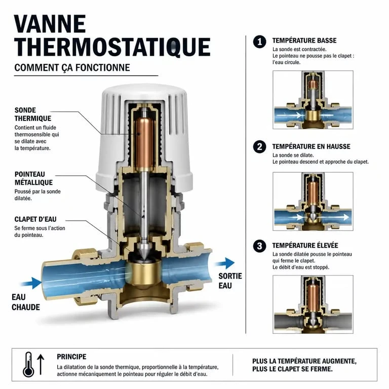Schéma technique du fonctionnement d'une vanne thermostatique montrant le mécanisme de dilatation thermique