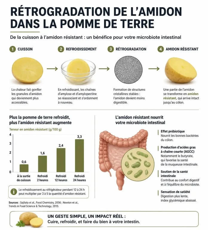 Infographie expliquant le processus de l'amidon résistant dans la pomme de terre pour les personnes souffrant d'intestin irritable