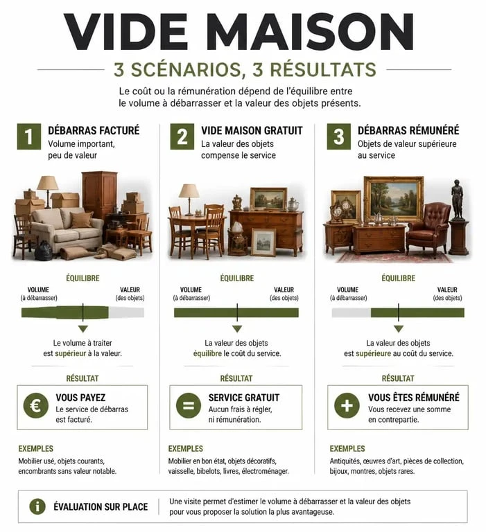 Infographie explicative des trois modèles économiques de vide maison à Marseille : débarras facturé, gratuit ou rémunéré.