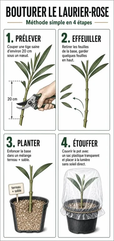 Étapes illustrées pour réussir sa bouture de laurier-rose