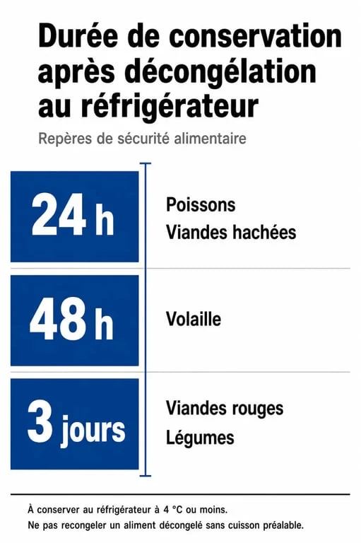 Infographie des durées de conservation des produits décongelés au réfrigérateur pour éviter les risques sanitaires