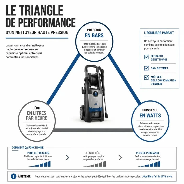 Infographie explicative sur la puissance idéale pour un Karcher : pression, débit et puissance moteur selon l'usage.