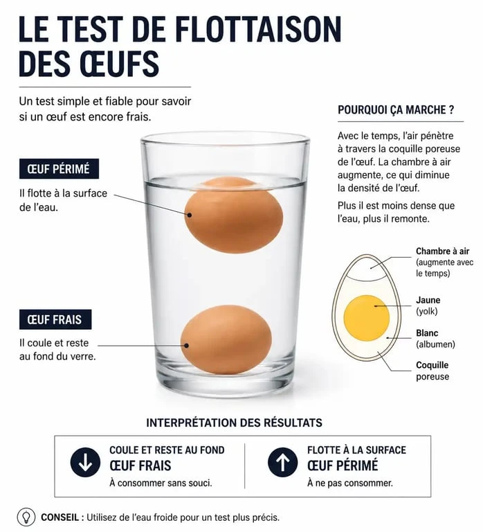 Infographie du test de flottaison pour vérifier la fraîcheur des œufs périmés