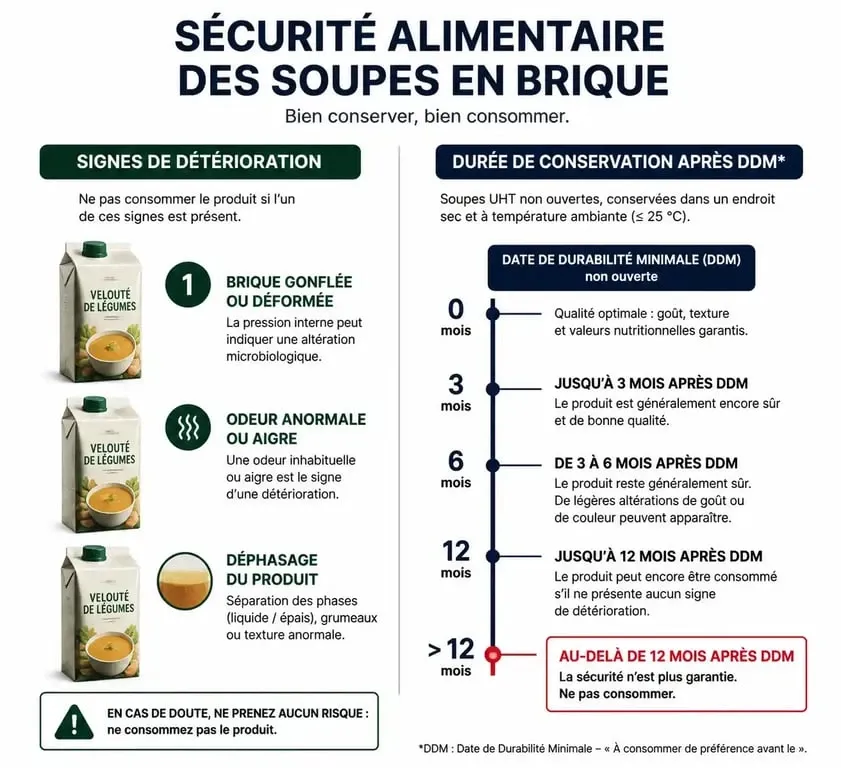 Infographie sur la sécurité alimentaire : comment vérifier si une soupe en brique périmée est encore consommable