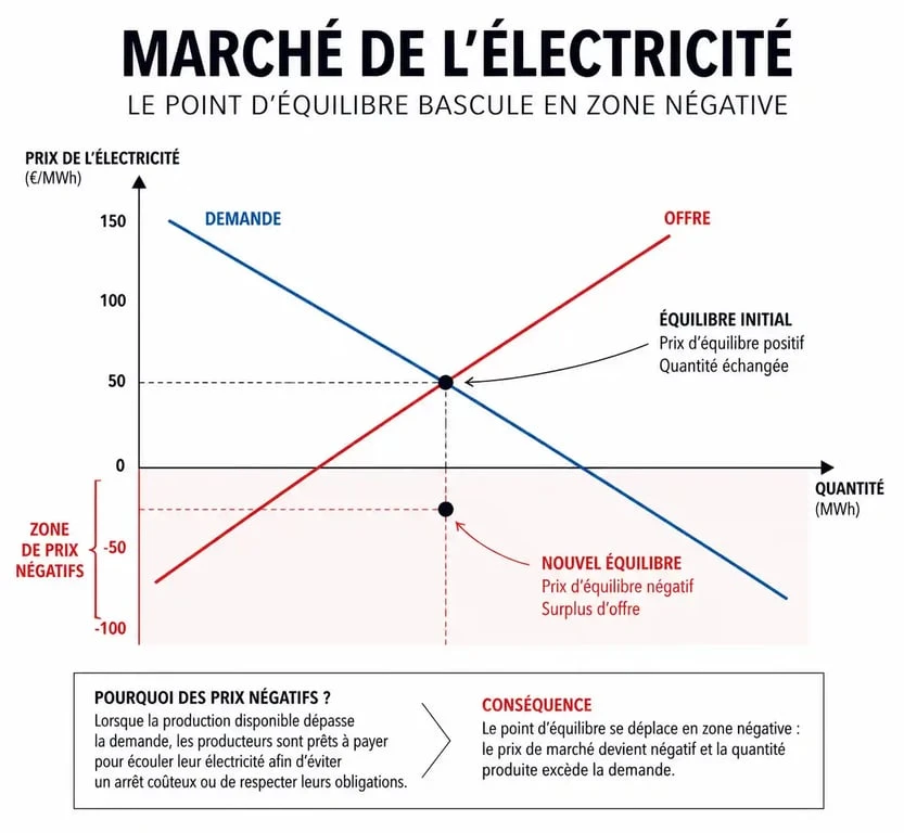 Schéma explicatif du mécanisme des prix négatifs de l'électricité sur le marché de gros