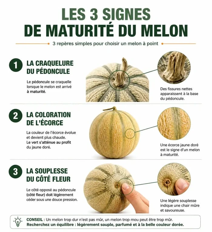 Infographie montrant les signes pour savoir quand cueillir un melon mûr