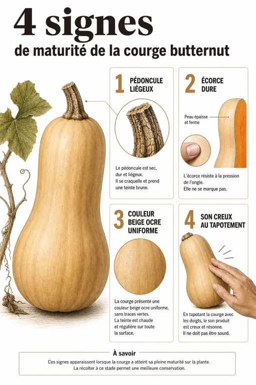 Infographie des signes de maturité pour savoir quand cueillir les butternut au potager